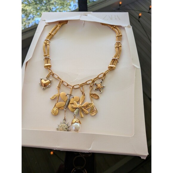 Zara Necklace Women NWT SS25 Butterfly Floral Charms Gold Silver Mixed Metals - Picture 2 of 12
